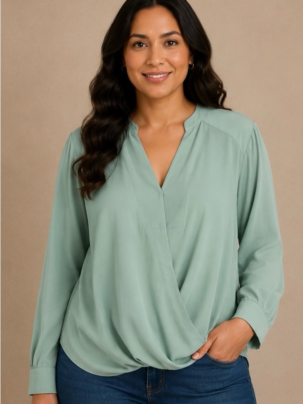 Massimo Mint Green Draped Cross over Front - V-Neck Blouse - Size XXL